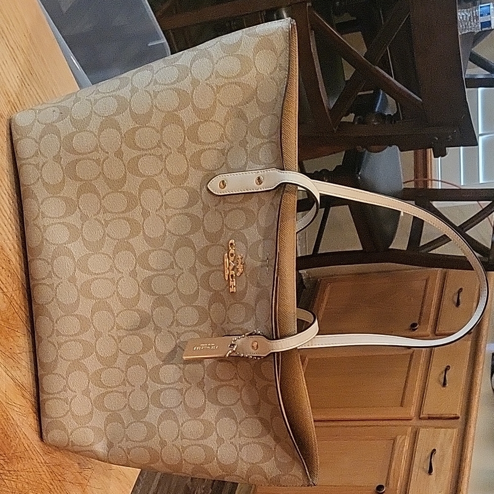 Coach Tan Monogram Tote with Leather Trim